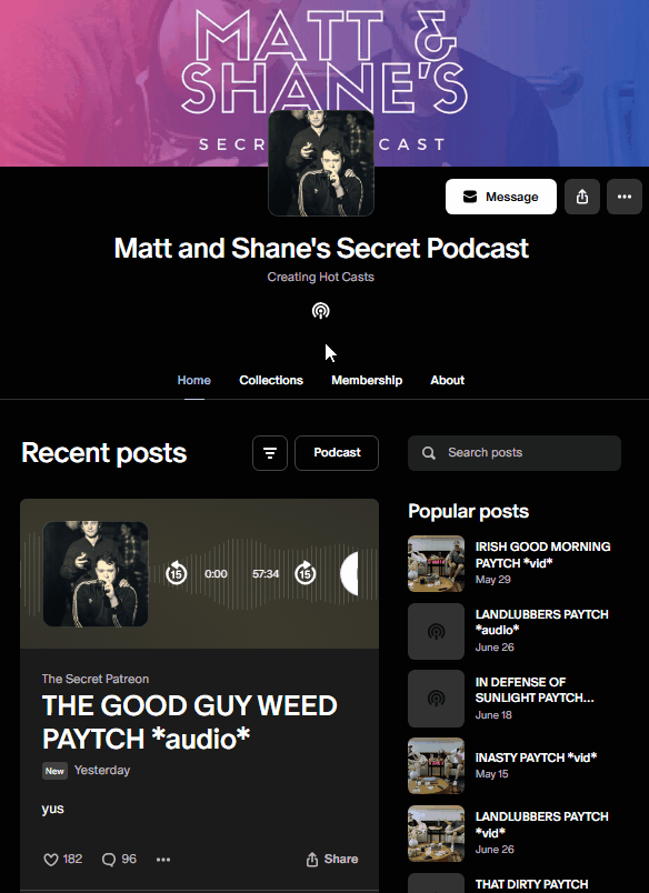 Patreon desktop page showing the podcast icon below Matt and Shane's Secret Podcast.