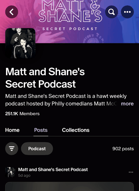 Patreon mobile page with the menu open on Matt and Shane's Secret Podcast.